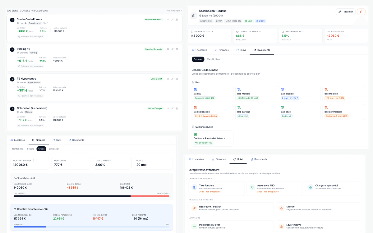 Interface de gestion locative Imorenta — baux, quittances, suivi des loyers
