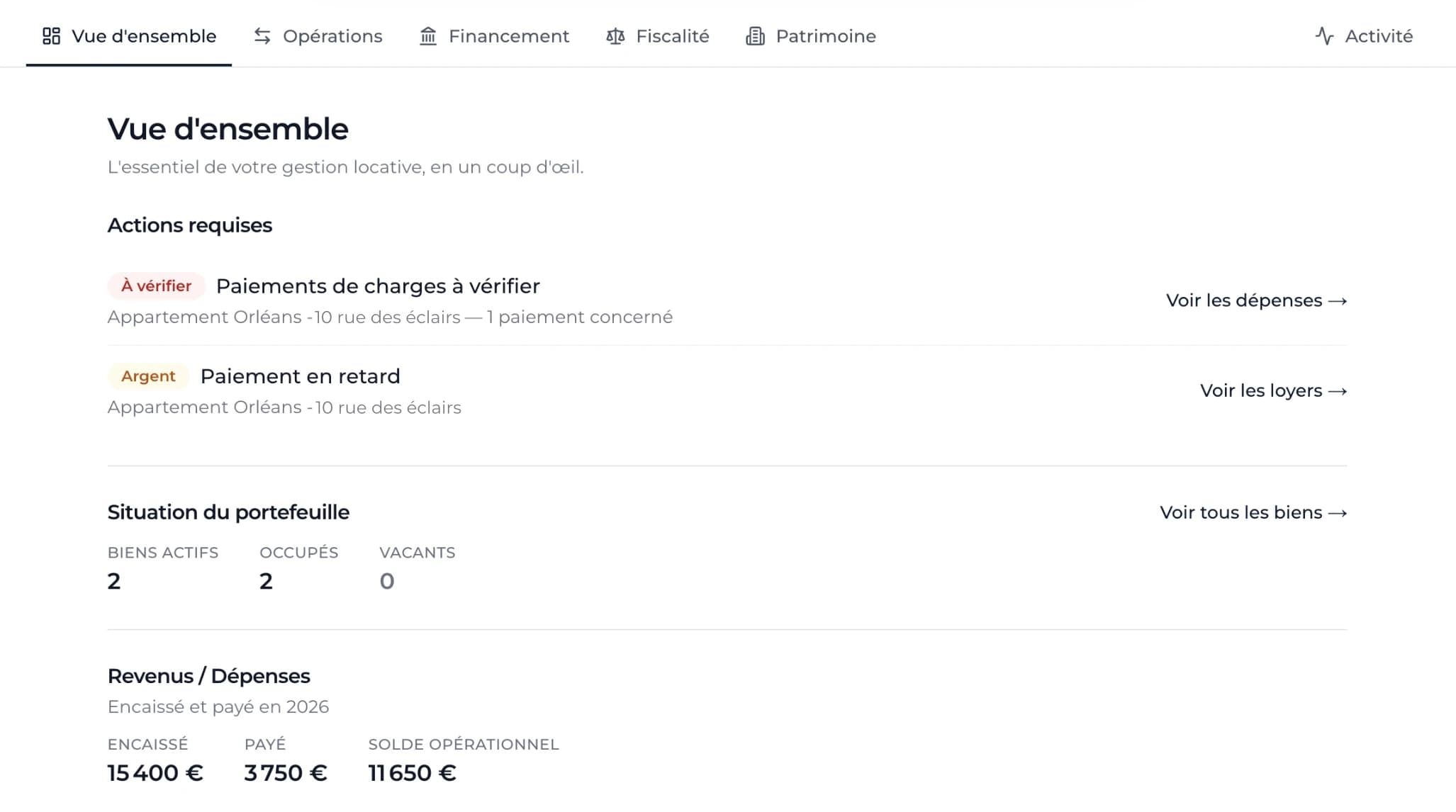 Vue d'ensemble du portefeuille locatif : alertes, situation des biens et revenus/dépenses de l'année